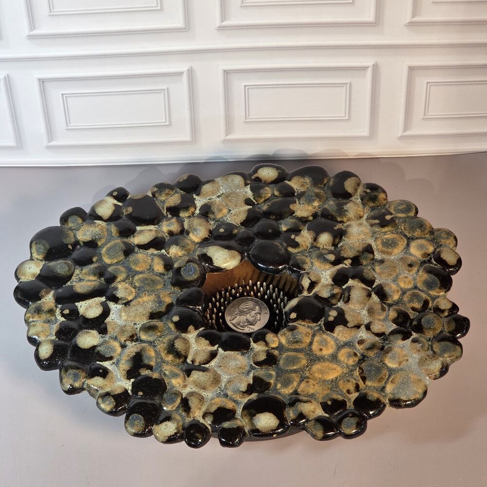 Vintage Metal Flower Frog Pebbled Pottery Handmade Signed Large Plant Holder